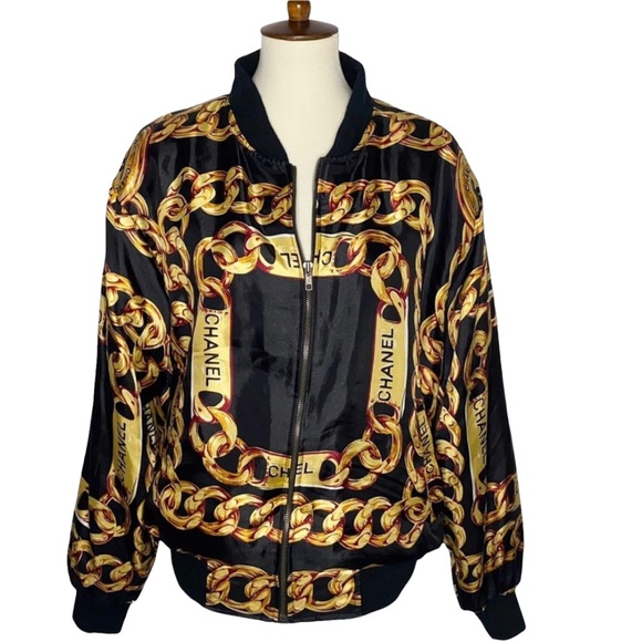 Vintage Jackets & Blazers - VTG 80's CHANEL Logo Black & Gold Chain Bomber Jacket